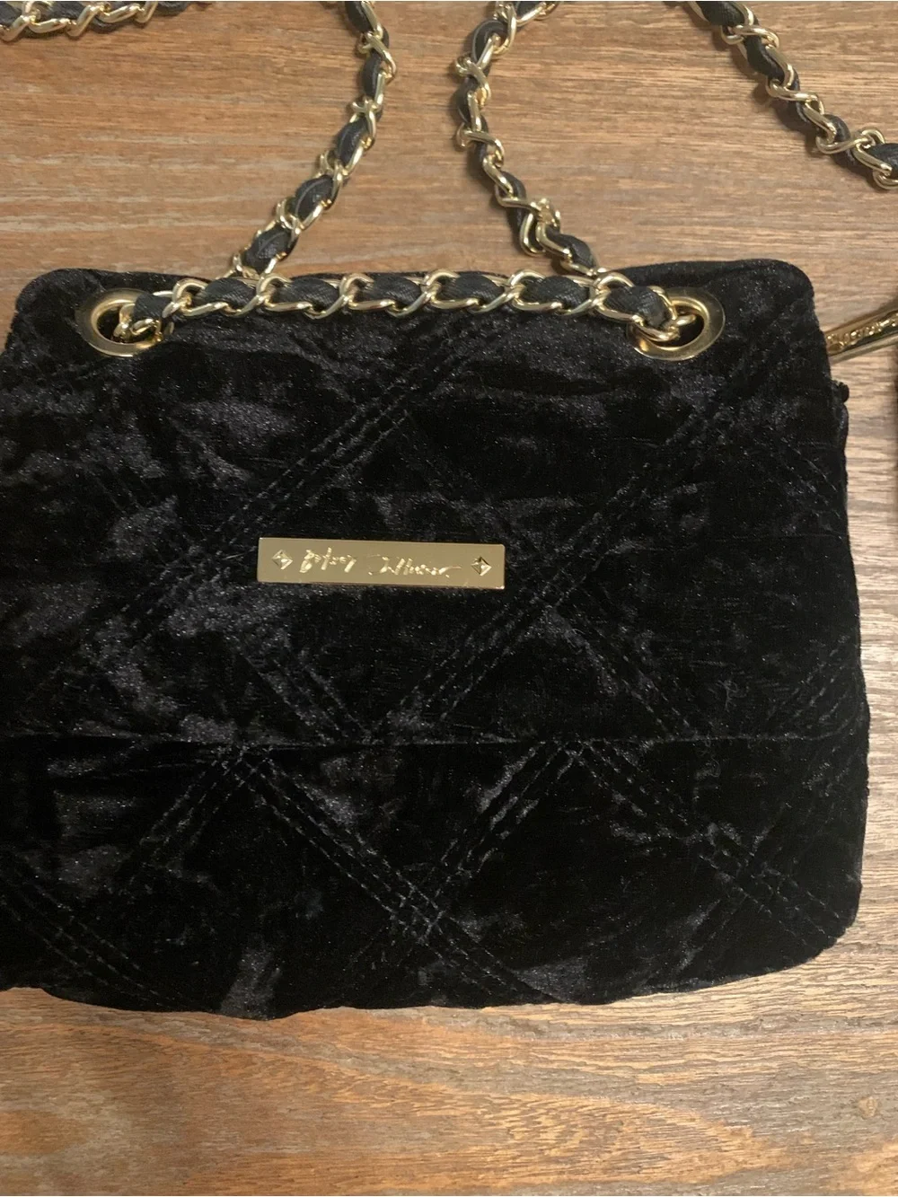Betsey Johnson Black Quilted Velvet Crossbody with Coin Pouch and Gold Chain